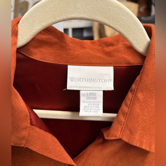 Worthington Vintage Top Womens Rust Faux Suede Button Front Western Buckstitch - Picture 5 of 8